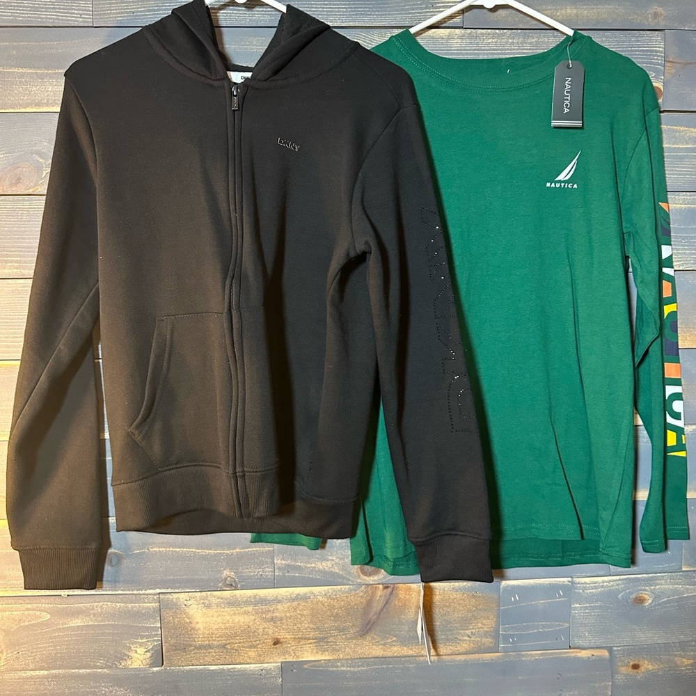 NEW WITH TAGS! Boys Large Black Hoodie AND   Large Green Long Sleeve Tee